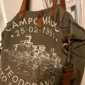 Campomaggi Canvas Khaki Tote Bag Brown Leather straps